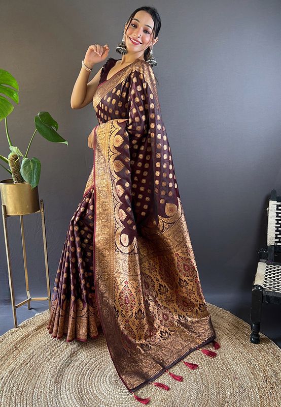 Maroon Banarasi Satin Silk Weaving Jari Designer Ethnic Graceful Saree