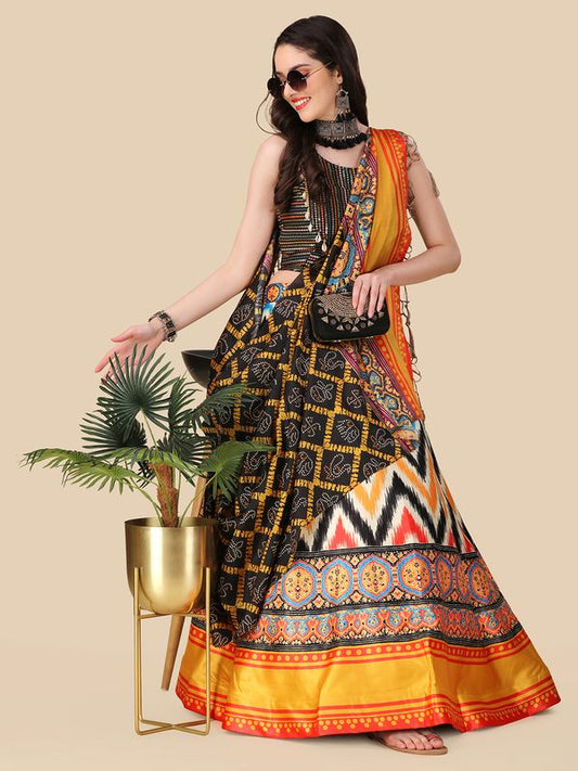 Digital Print Satin Silk Fabric Stitched Lehenga Choli With Jequared Blouse and Assami Silk Thread Work Dupatta For Women and Girls In Festive Party And Traditional Wear