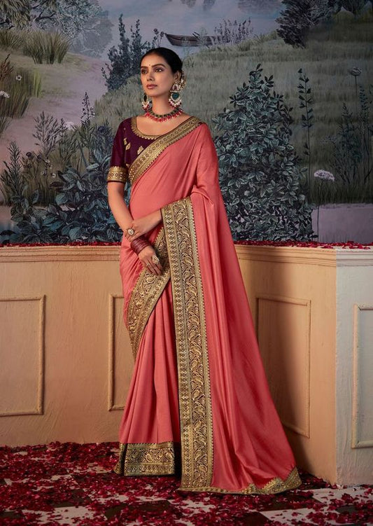 Dusty Red Wevon Lace Border Designer Embroidery Work Vichitra Saree