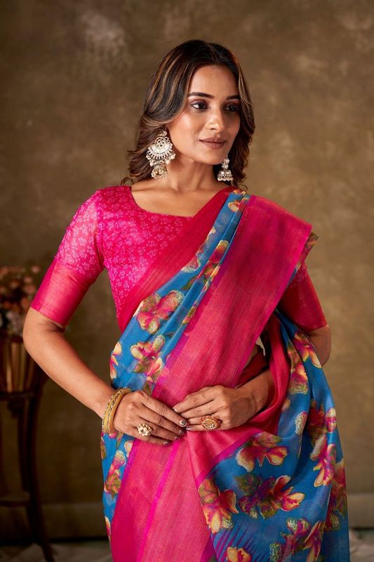 Blue Cotton Printed Saree and Stitched Pink Blouse