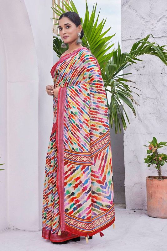 Multy Color Linen Blend Smart Ethnic Saree With Trendy Digital Print Work