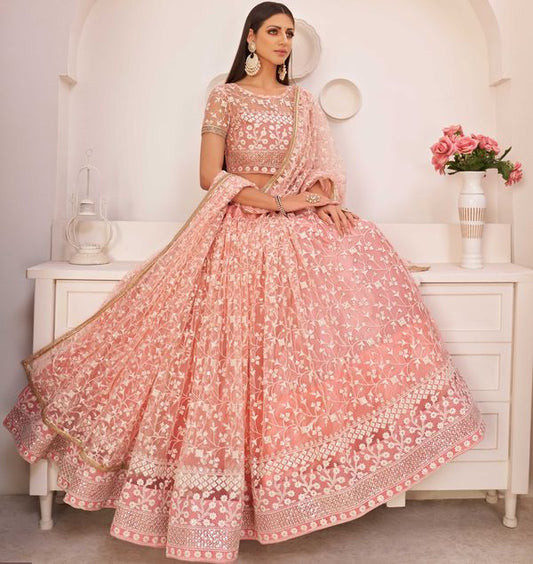 Light-Pink Embroidered Net  Stitched Lehenga