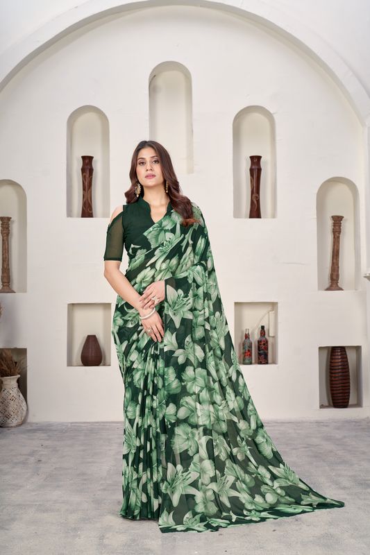 Green Designer Printed Weight Less Saree