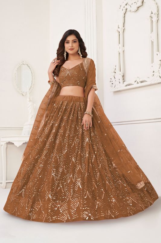 Brown Color Glamorous Heavy Embroidery Work Wedding Reception Wear Bridesmaid Lehenga