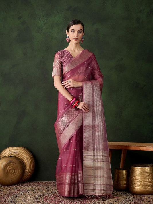 Magenta Color Khadi Organza Ethnic Woven Designer Saree For Festive Looks