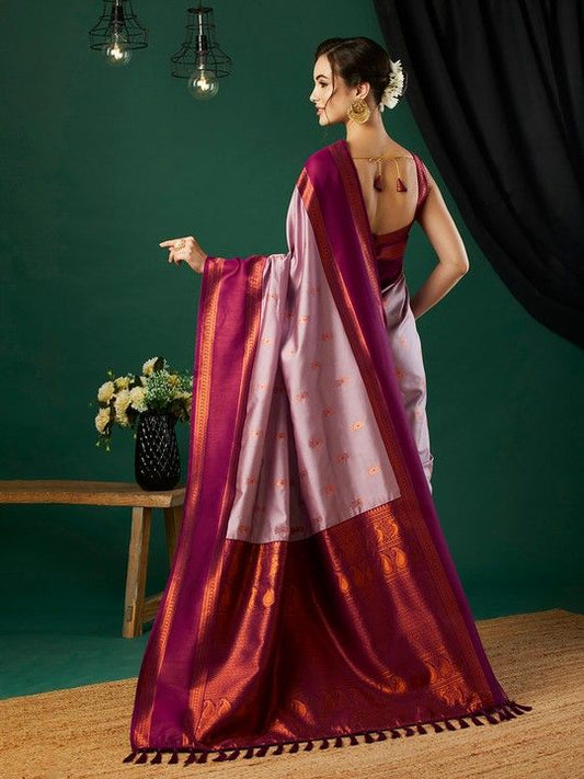 Lavender Banarasi Silk Woven Saree With Tassels on Pallu and Stitched Rani Blouse