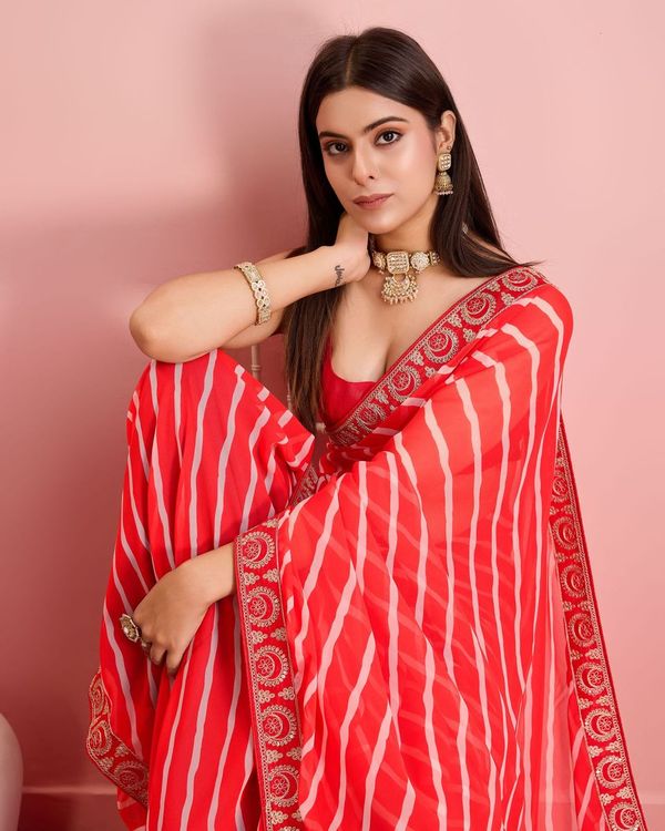Red Laheriya Printed & Embroidery Work Lace Border Georgette Saree