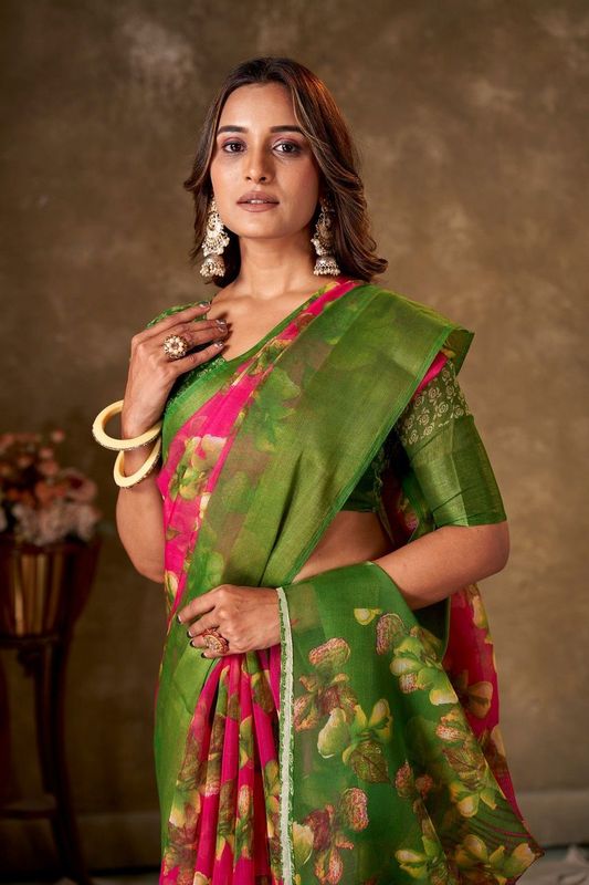 Pink Cotton Printed Saree and Stitched Green Blouse