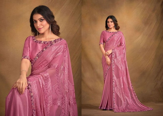 Pink Designer Embroidery & Stone Work Georgette Film Jacqurad Saree