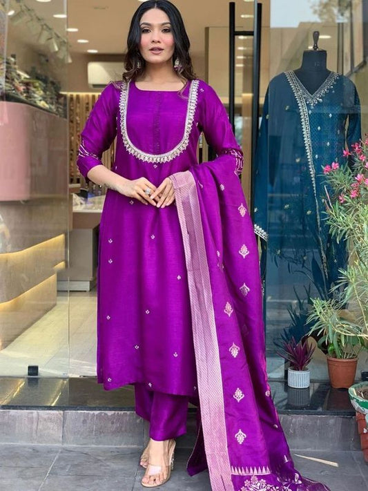 Purple Color Designer Partywear Chanderi Silk Fabric Embroidered Suit