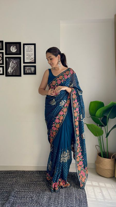 Teal Georgette Bollywood Style Thread And Sequance Embroidery Work Girlie Saree