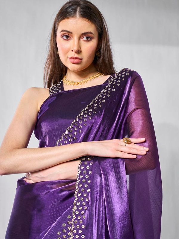 Purple Color Burburry Fabric Bollywood Style Swarovski  Designer Work Evening Party Saree