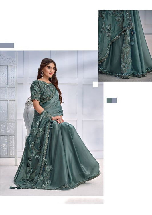 Sea Green Cord & Sequence Embroidered & Stone work Crepe Satin Silk Saree