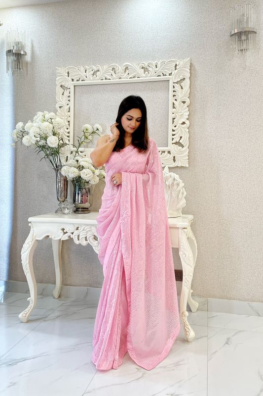 Baby Pink Georgette Heavy Sequance Embroidery Work Bollywood Party Style Celebrity Style Girlie Fancy Saree