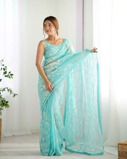 Sky Blue Color Mono Net Beautiful Bollywood Saree With Designer Sequins Work