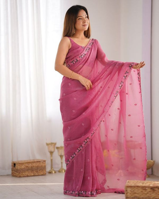 Pink Thread & Sequance Embroidery Work Pixel Silk Saree