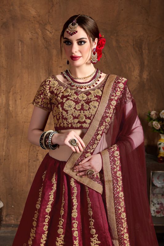 Maroon Women's Raw Silk Embroidery Lehenga Choli