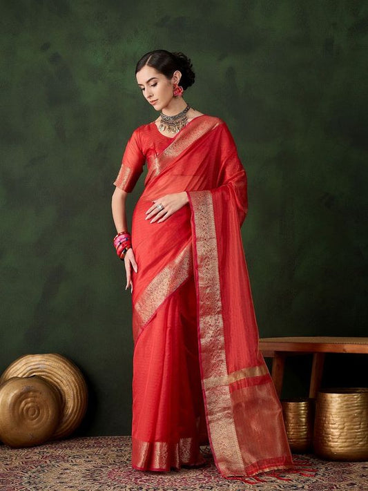 Red Wevon Jacquard Designer Khadi Organza Saree