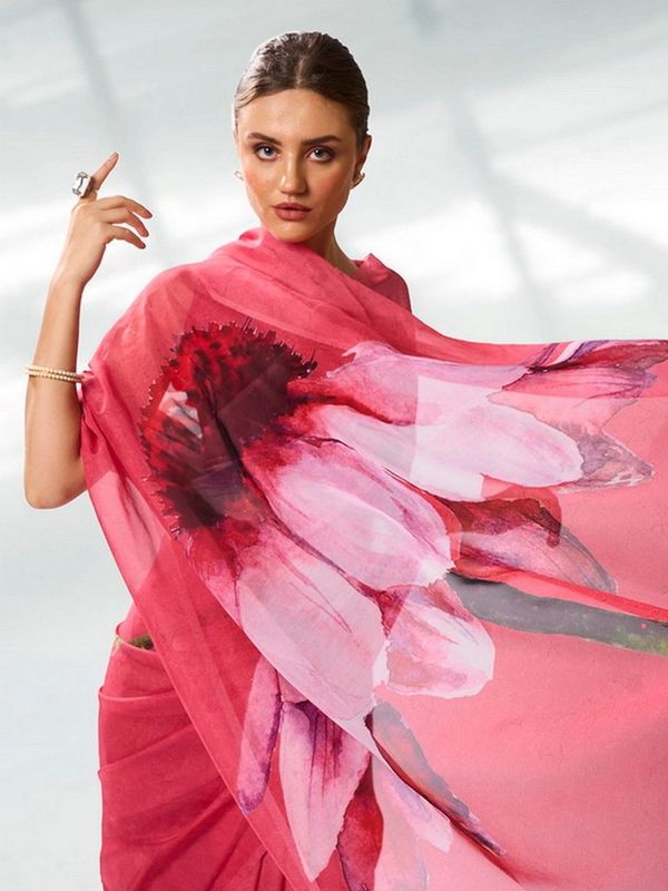 Burgundy Color Organza Fabric Designer Printed Graceful Bollywood Style Party Saree
