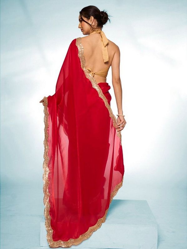 Glamorous Red Color Jimmy Choo Fabric Trendy Designer Bollywood Saree