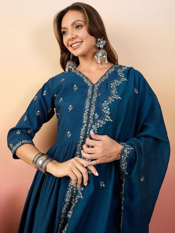 Blue Color Beautiful Woven Silk Readymade Suit with Festive Thread Embroidery Work