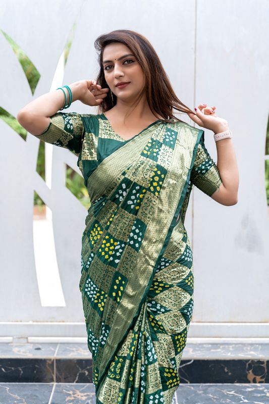 Green Wevon Designer & Bandhej Printed Silk Saree