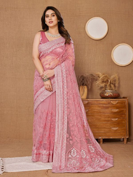 Pink Designer Thread Embroidery Work Soft Net Saree