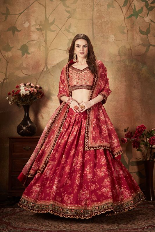 Maroon and Peach Women's Organza Embroidery Lehenga Choli