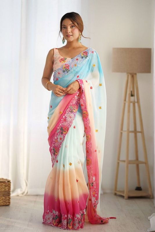 Sky Blue Georgette Fabric Bollywood Style Pedding Color With Embroidery Work Saree