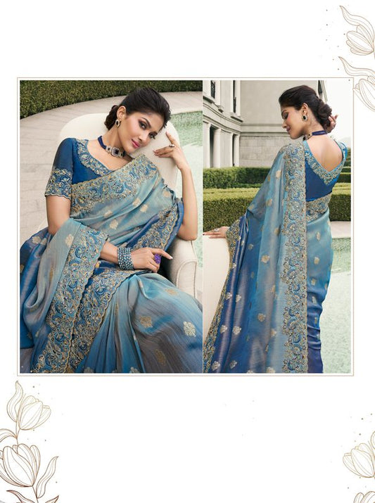 Nevy Blue Wevon Jacquard Designer Embroidery Work Viscose Tissue Saree