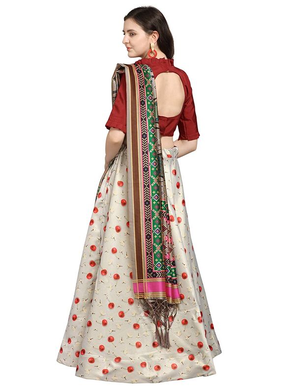 Bandhni Patola Type Digital Print Shiney Satin Croptop Lehenga Choli With Blouse For Women and Girls