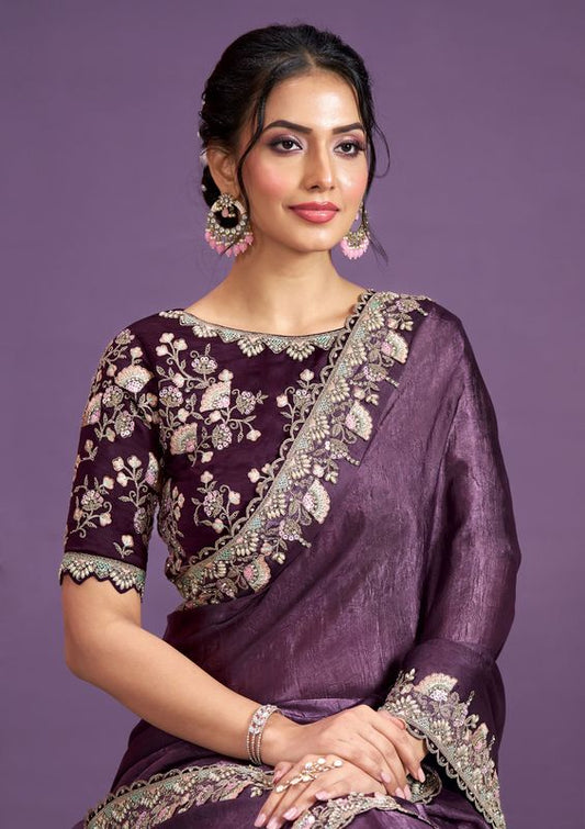 Purple Heavy Sequence Embroidery & Diamond Work Crepe Satin Silk Crush Saree