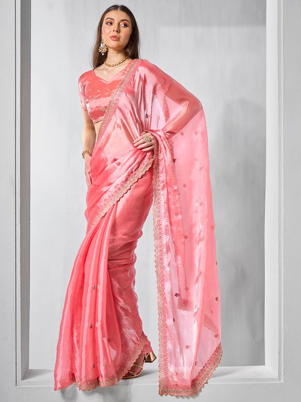 Coral Color Burburry Fabric Bollywood Style Designer Embroidery Work Evening Party Saree