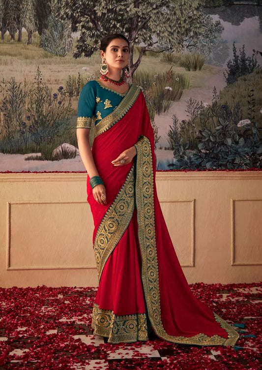 Lipstick Red Wevon Lace Border Designer Embroidery Work Vichitra Saree