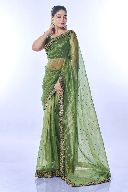 Green Color Golden Net Partywear Sequins Embroidery Work Ethnic Saree