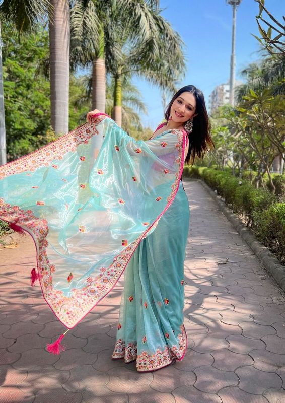 Blue Multy Thread & Jari Embroidery Work Silver Tissue Silk Saree