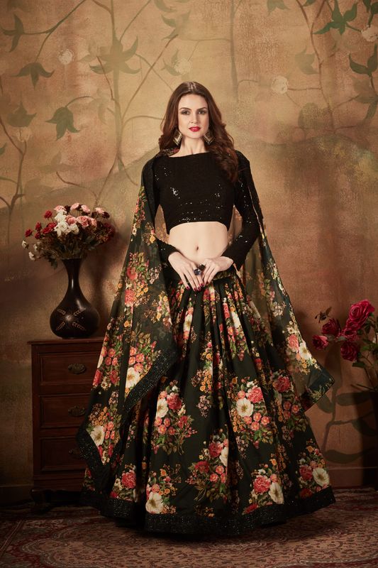 Black Women's Organza Embroidery Lehenga Choli