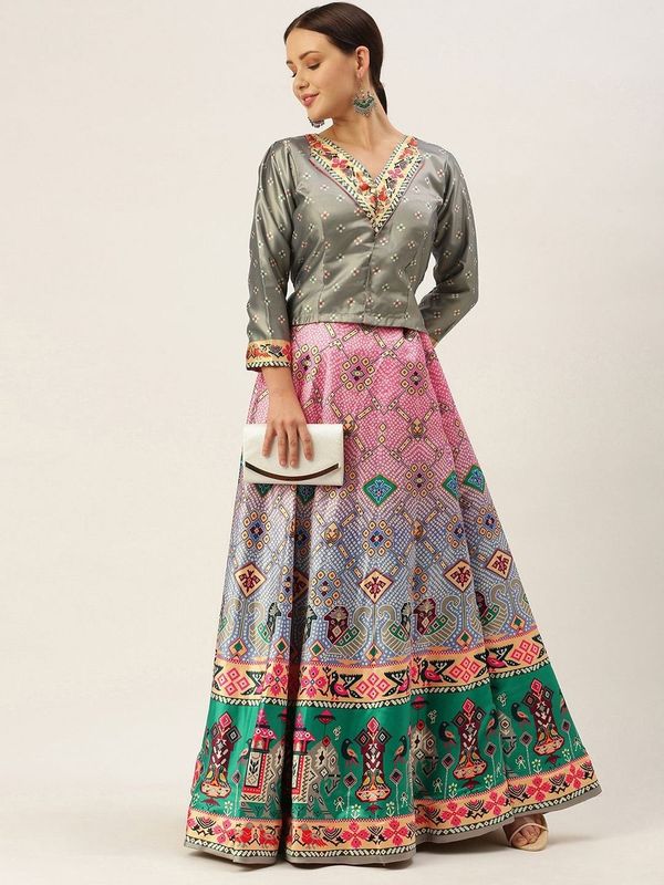 Ethnic Motifs Digital Print Shiney Satin Croptop Lehenga Choli With Blouse For Women and Girls