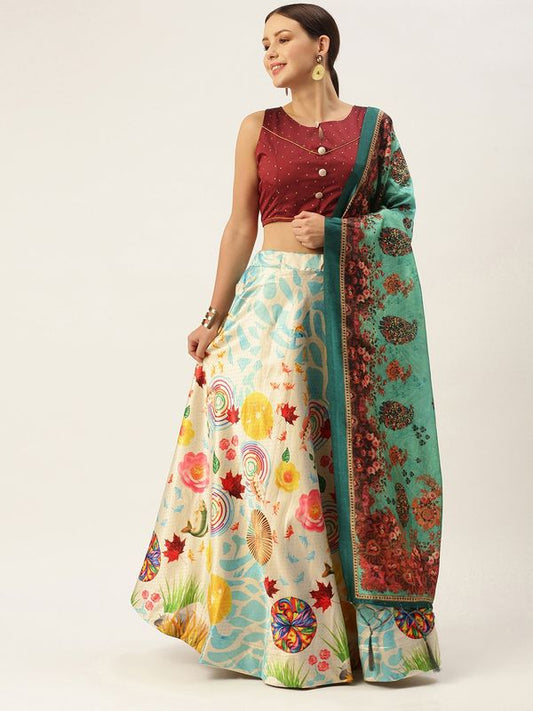 Kalamkari Digital Print Shiney Satin Stitched Lehenga Choli With Unstitched Multi Sequnce Work Blouse and Shiney Silk Dupatta For Women and Girls