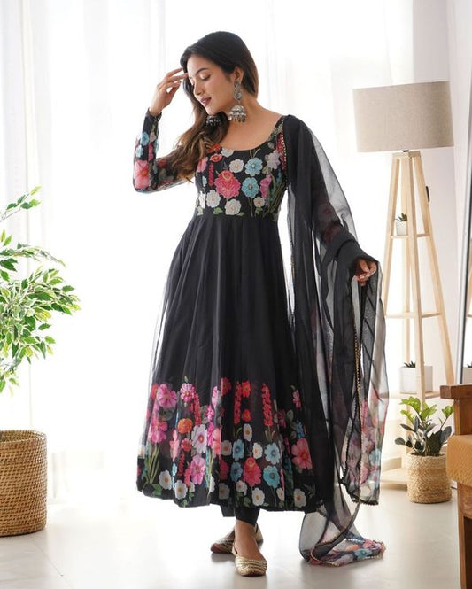 Black Soft Organza Silk With Floral Print Fully Flared Anarkali Pant With Dupatta Set