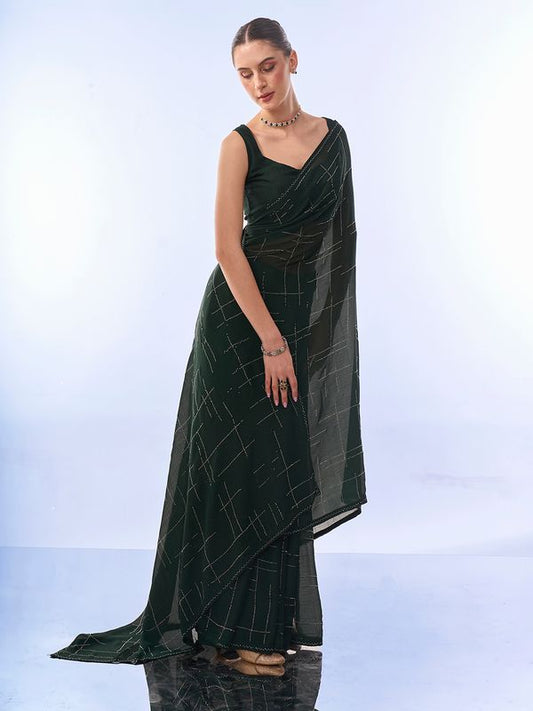 Green Designer Work Lace Border & Swarovski Work Satin Chiffon Saree