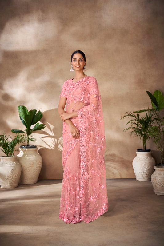 Peach Thread & Sequance Embroidery & Zarkan Work Net Saree