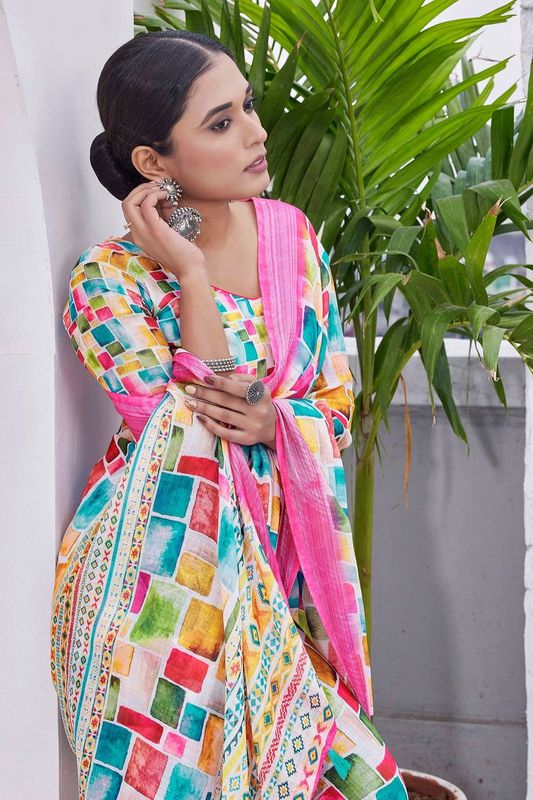 Pink Color Linen Blend Digital Printed Designer For Graceful Festive Looks