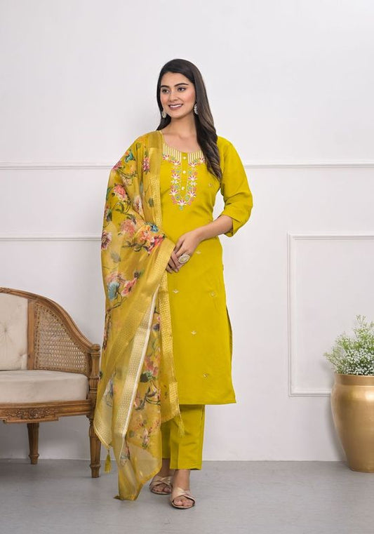 Yellow Color Viscoce Silk Fabric Designer Embroidery Work Salwar Kameez For Ceremonial Looks