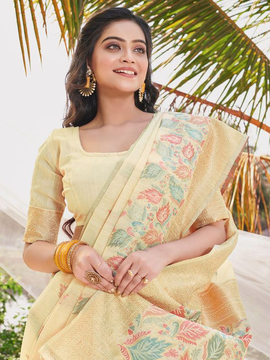 Yellow Wevon Designer & Digital Printed Cotton Saree