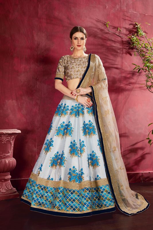 Cream and Blue Women's Heavy Banglori Silk Embroidery Lehenga Choli