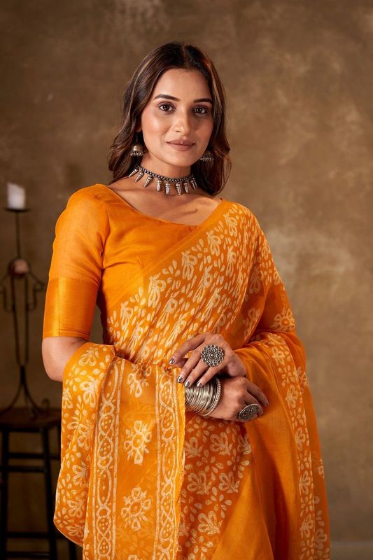 Mustard Cotton Printed Saree and Stitched Mustard Blouse