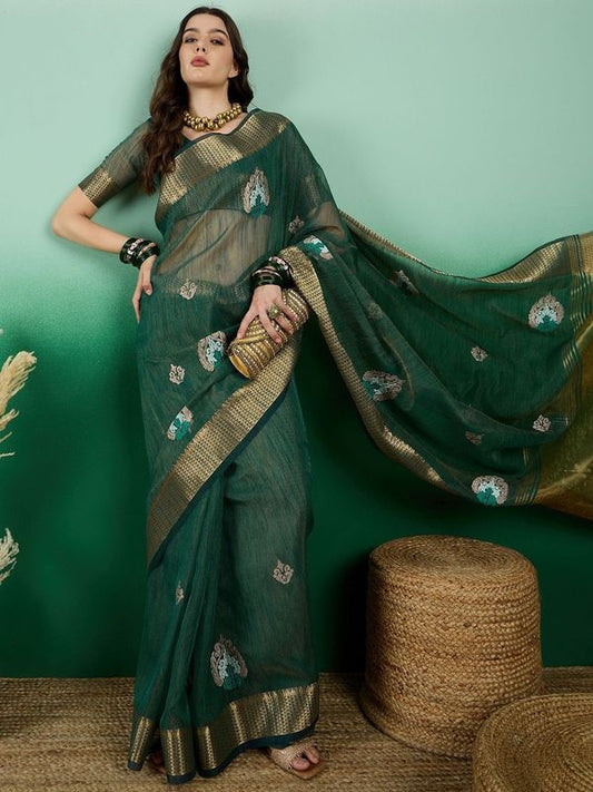 Green Wevon Designer & Embroidery Work Khadi Organza Saree