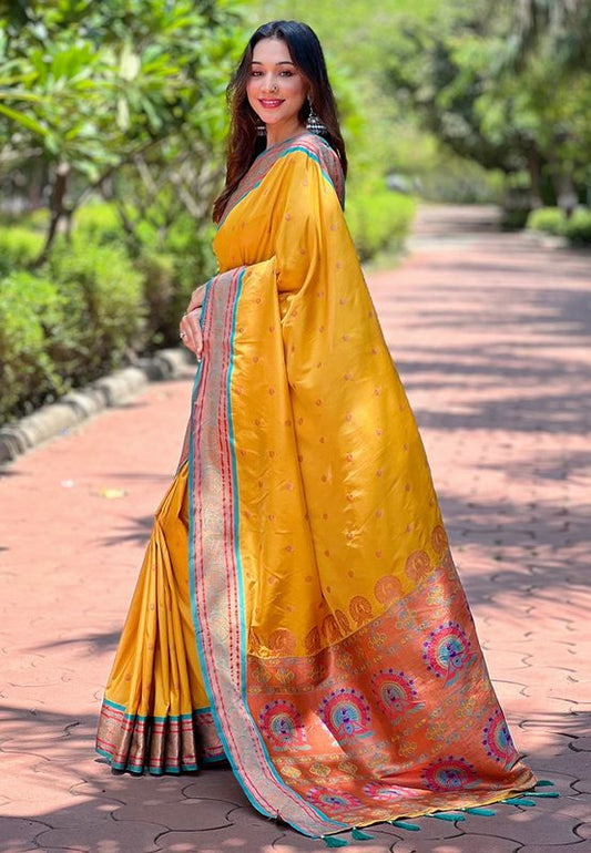 Yellow Paithani Silk Traditional Rich Traditional Wear Wevon Meenakari Designer Saree