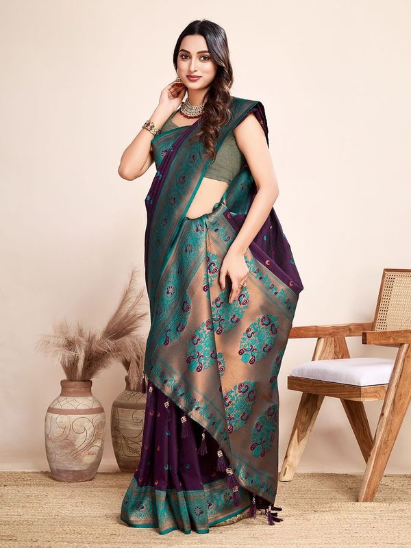 Purple Heavy Wevon Designer Jacquard Silk Saree